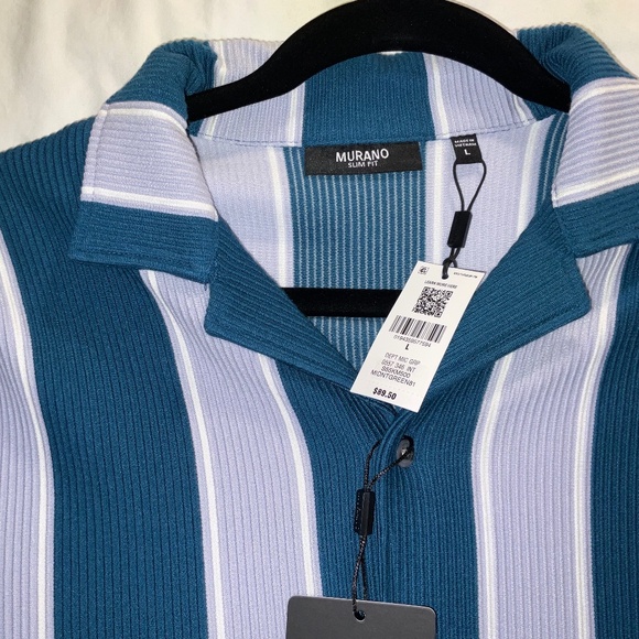 MURANO INTER-DIMENSIONAL KNITTED CAMP SHIRT SZ LARGE VERTICAL STRIPES POLY BLEND - Picture 1 of 9